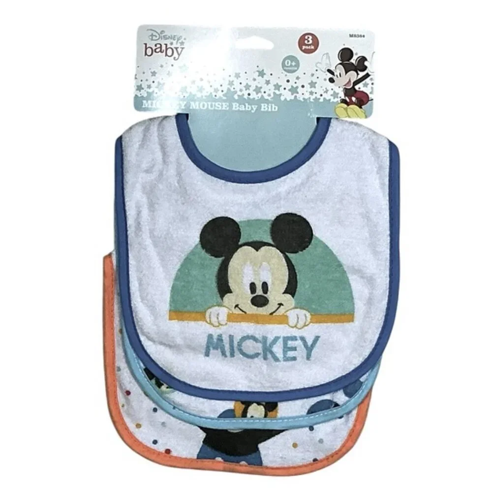 Disney Mickey Mouse Baby Bibs Absorbent Terrycloth VeIcro Closure 3 Pc 0-18 mo